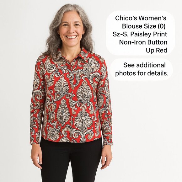 Chico's Women's Blouse Size (0) US 4, Paisley Print Non-Iron Button Up Red #BH - Picture 1 of 4